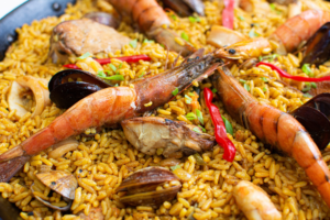 Paella. Seafood rice. Rice with seafood.